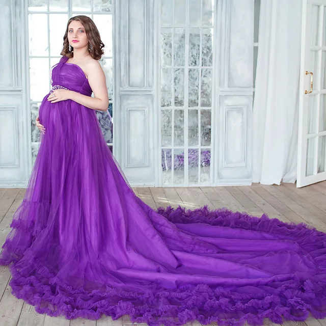 Amazing Purple Maternity Evening Dress One shoulder Long Train Beaded