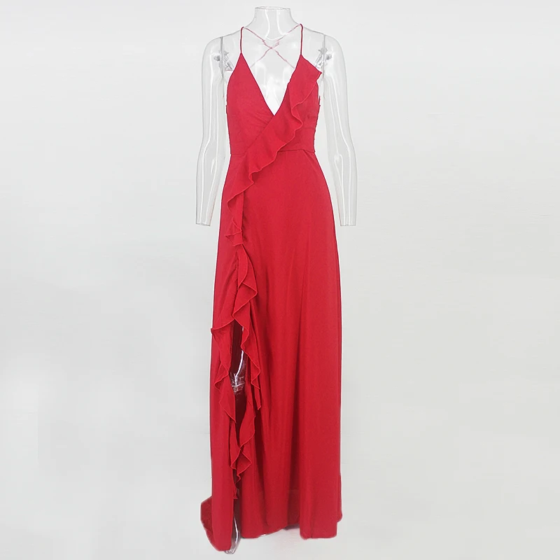 DRESSMECB, сексуальное летнее платье с оборками, женское платье с высокой талией и глубоким v-образным вырезом, платья с открытой спиной на бретелях, однотонное платье, Vestidos Verano - Цвет: Красный