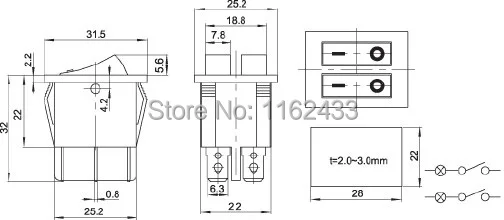 KCD6 double light rocker switch drawing