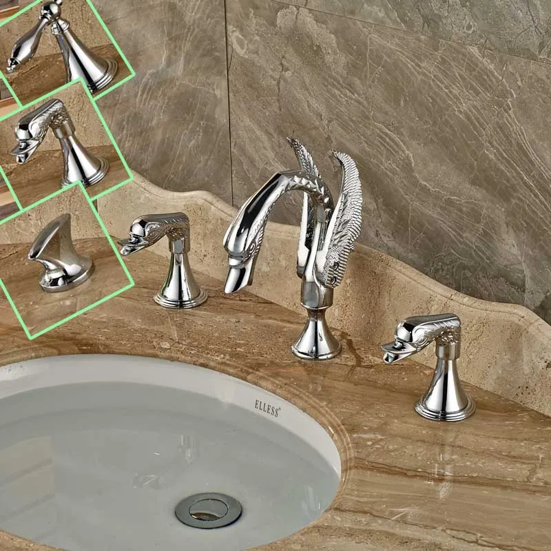 

Double Handle Widespread Swan Style Basin Faucet Deck Mounted Bathroom Sink Mixer Chrome Finished with Hot and Cold Water