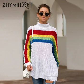 

ZHYMIHRET Rainbow Striped Turtleneck Sweater Women Long Sleeve Loose Knitted Pullovers Autumn Thick Sweater Invierno Mujer 2019