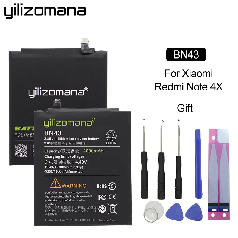 

YILIZOMANA BN43 Original Phone Battery for Xiaomi Redmi Note 4X / Note 4 Global Snapdragon 625 4000mAh Retail Package Free Tools