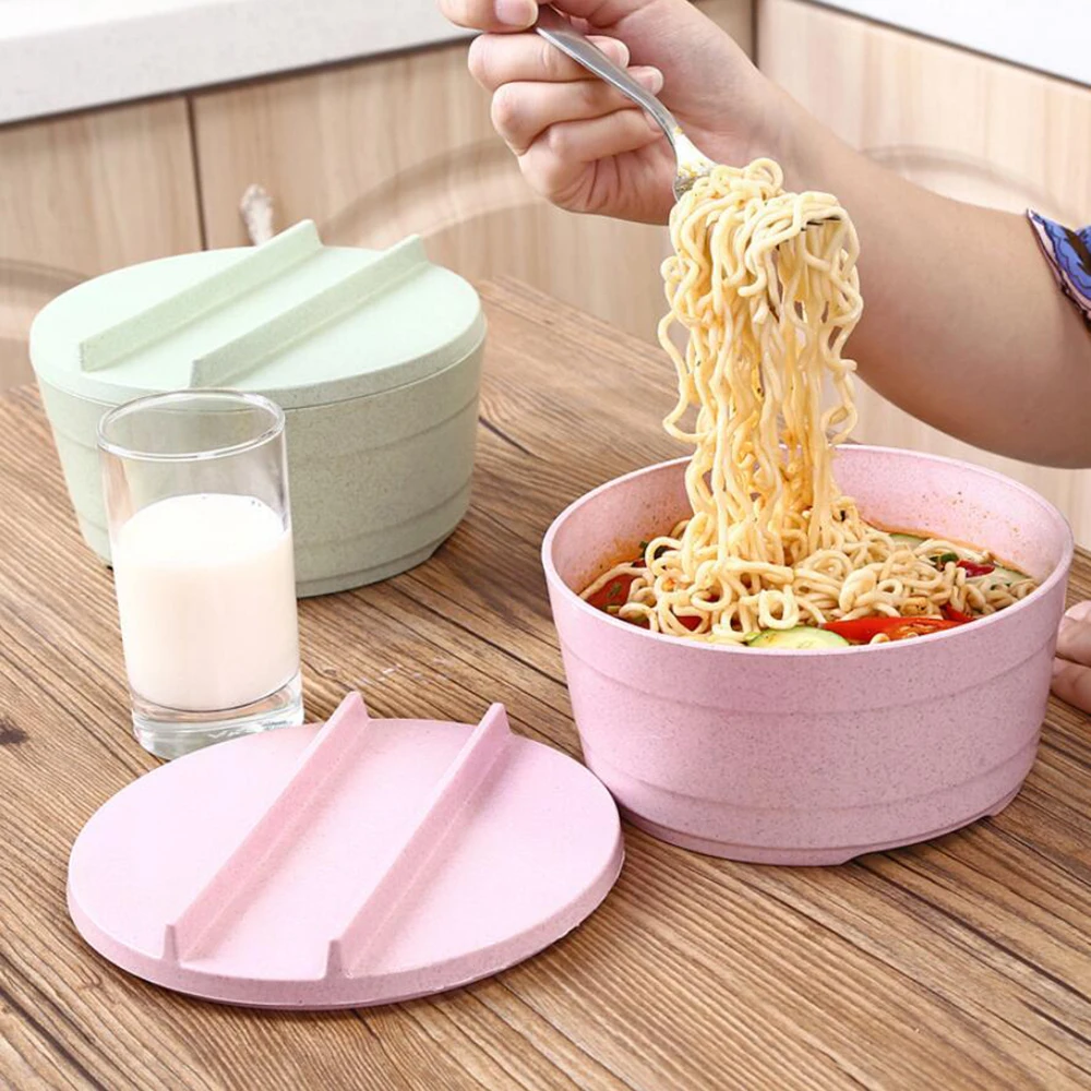 Creative Tableware Large Wheat Straw Plastic Bowl Set Bowl With Lid Noodle Bowl Household Utensils Colorful For Kitchen 10200E