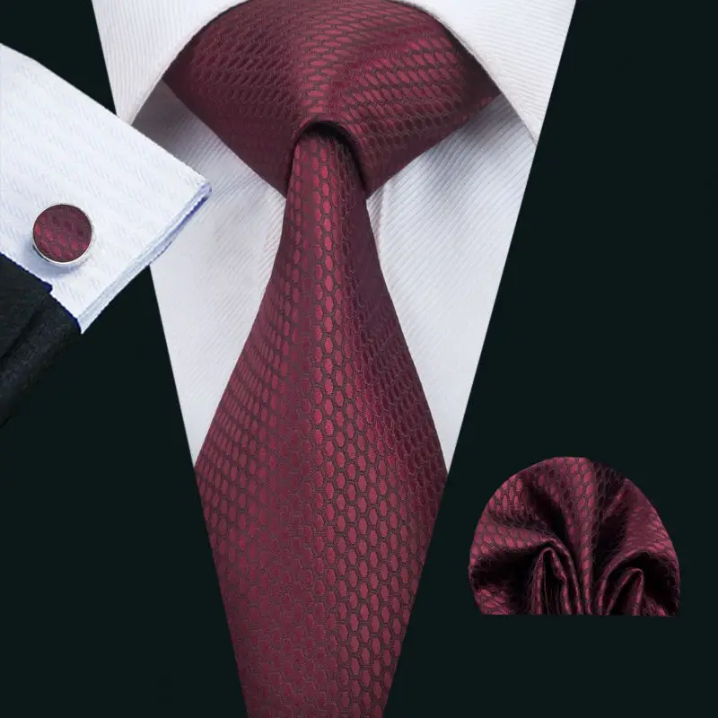 

LS-1464 Barry.Wang Classic Men`s Tie 100% Dark Red Novelty Silk Necktie Hanky Cufflink Set For Men`s Wedding Party Business