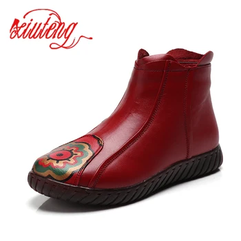 

2020 Winter Vintage Style Ladies' Genuine Leather Shoes Women's Flat-Foot Shoes Ankle Boots With Zipper Side Flower Warm Boots