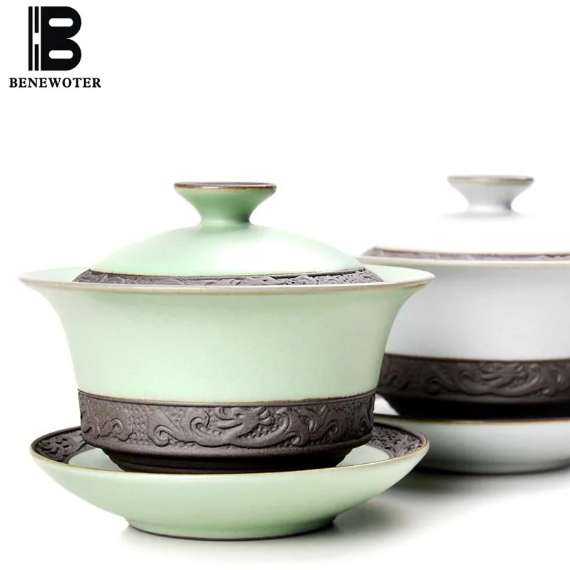 

Creative Ceramic Handmade Embossed Pattern Gaiwan Office Tea Ceremony Drinkware Puer Tea Bowls Tieguanyin Teapot Birthday Gifts