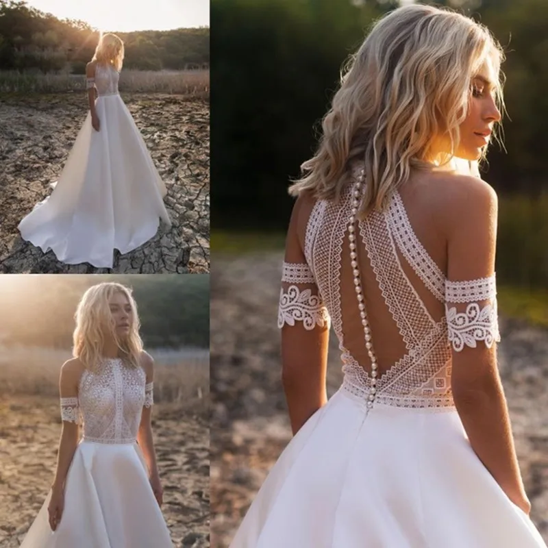 Bohemian Wedding Dresses 2021 Lace Satin Bridal Gowns Button Back A Line Wedding Dress