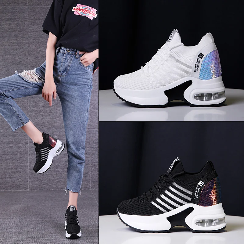 

Leisure chunky sneakers 2019 air mesh breathable Paillette bling sequin Height Increasing cross-tied platform wedges heels 6cm