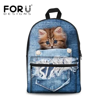 

FORUDESIGNS Vintage School Bags for Teenagers Girls Schoolbag 3D Denim Pocket Animal Cat School Backpack Boys Bagpack BookBag