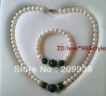 

huij 001936 8-9mm Natural Excellent Pearl Green jade Necklace Bracelet Mashup Fashion Set