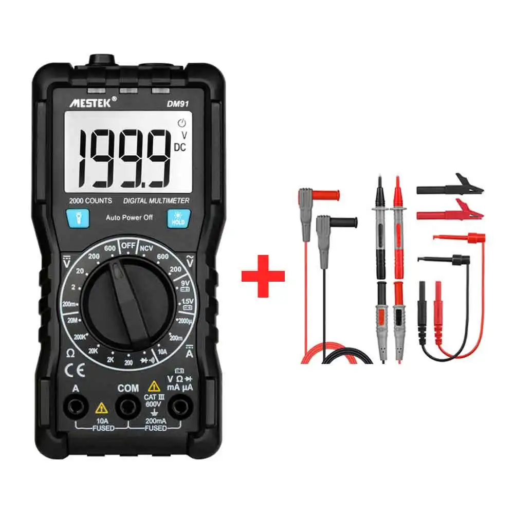MESTEK NCV Цифровой мультиметр 2000 отсчетов AC/DC напряжение мультиметры вспышка светильник большой экран DM91 Multimetro тестер - Цвет: DM91 with probe
