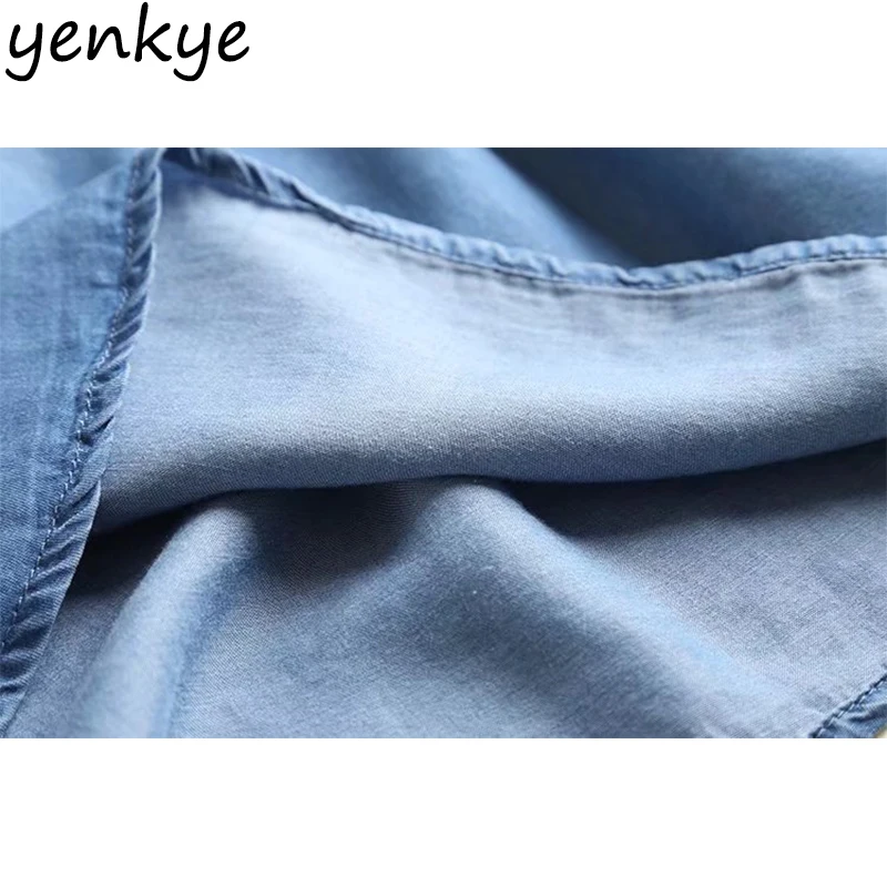 Vintage Blue Tencel Denim Blouses Women O Neck Three-Quarter Sleeve Floral Embroidered Shirt Plus Size Summer Tops Vintage Blue Tencel Denim Blouses Women O Neck Three-Quarter Sleeve Floral Embroidered Shirt Plus Size Summer Tops