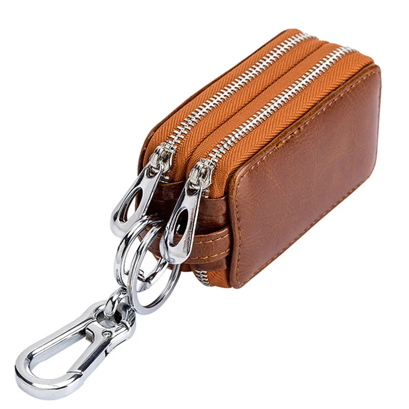 

Genuine Leather Double Zipper Car Key Wallets Case Card Holder Housekeeper Coin Purse Keychain Key Bag