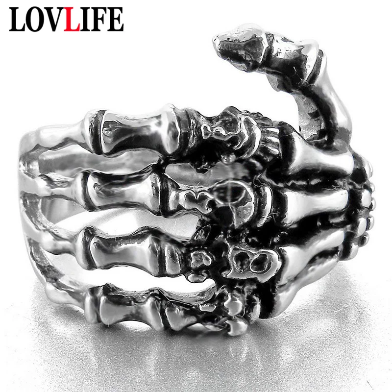 

Vintage Punk Gothic Skeleton Hand Finger Rings for Man Retro Old Silver Color Metal Ghost Hand Bone Ring Rock Hip Hop Party Show