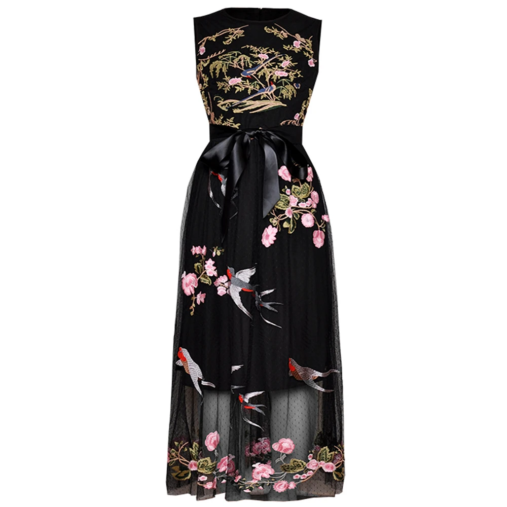 

Red RoosaRosee Floral Embroidery Sleeveless Lace Up Sexy Black Midi Dress Women Summer Elegant Boho Party Vestidos Robe Femme