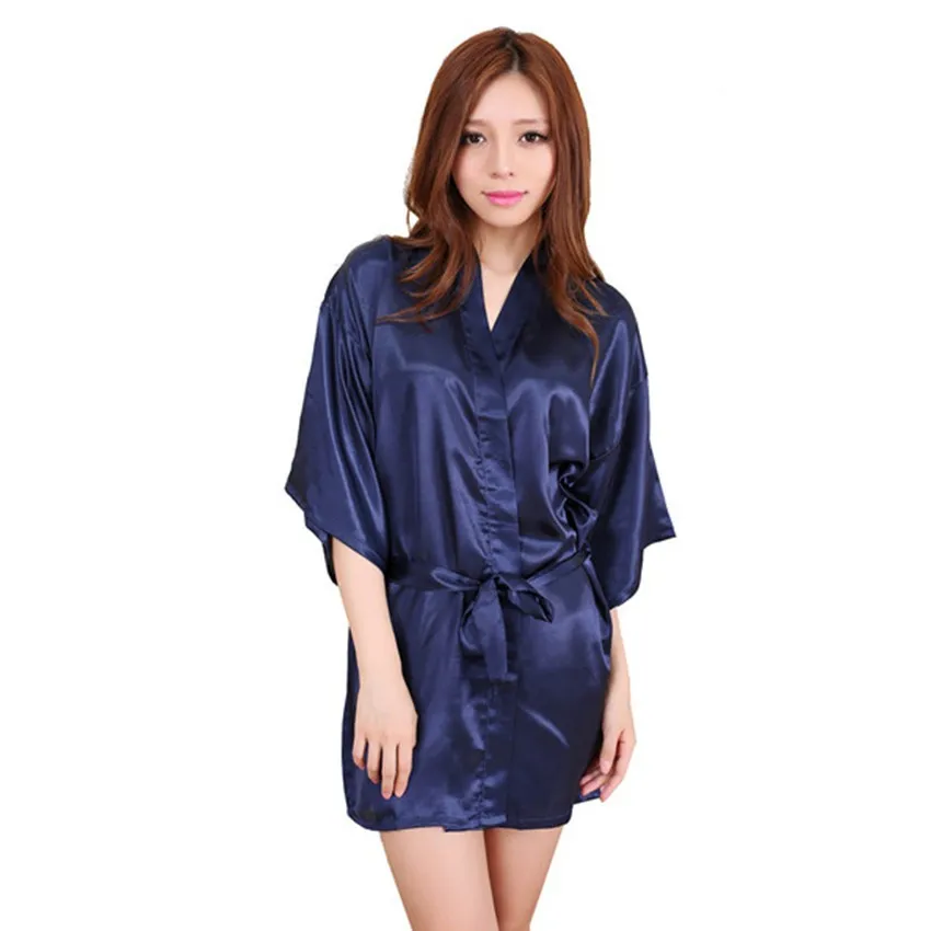 2016 New Silk Kimono Robe Bathrobe Women Silk Bridesmaid Robes Sexy Navy Blue Robes Satin Robe