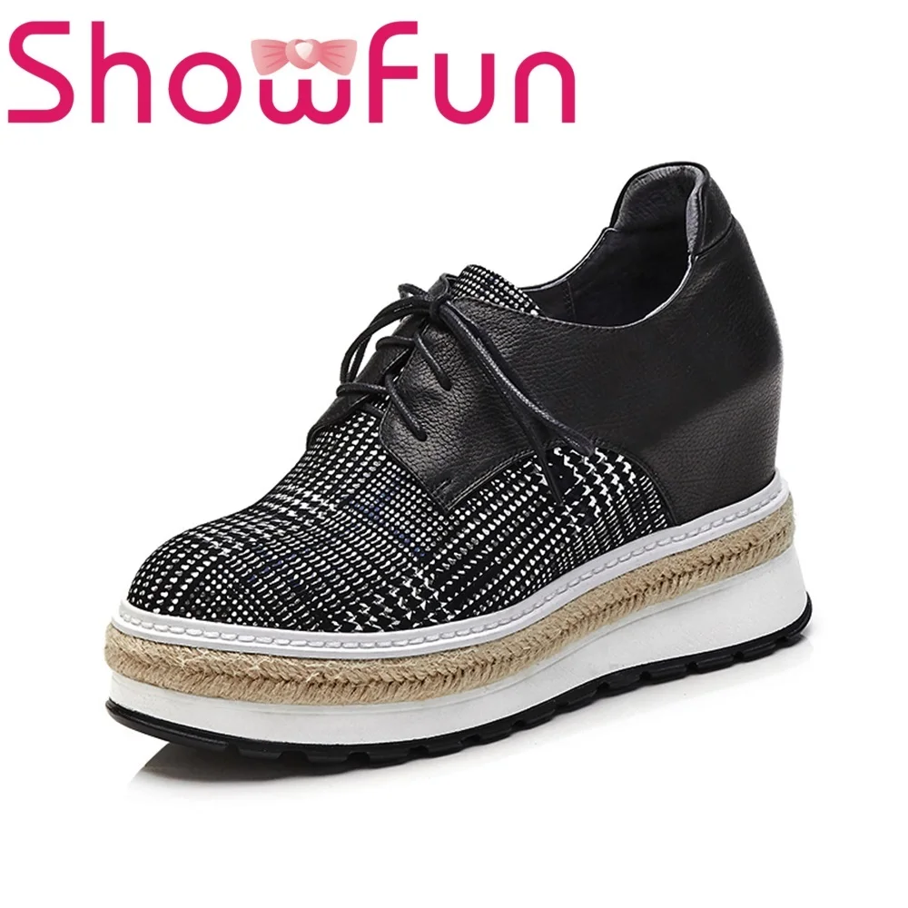 

Showfun genuine leather shoes woman dress plaid round toe lace-up sewing flat platform flats