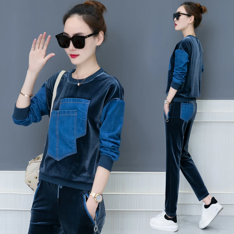 Otoño 2018 nuevo diseño ocio traje suelto de dos piezas casual traje coreano moda denim parche terciopelo buena tela sudaderas pantalones XXL - 1