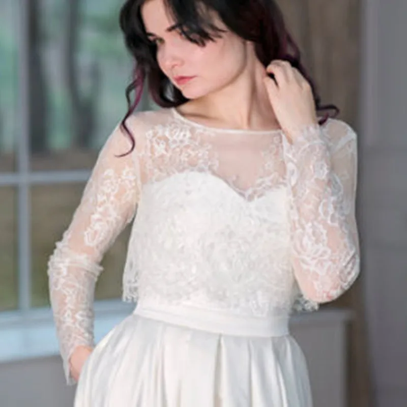 Vintage White Ivory Bolero Bridal Scoop Neck Long Sleeve Jackets