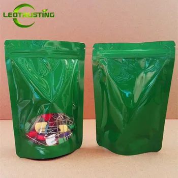 

Leotrusting 50pcs Glossy Green Elegant Foil Window Zip Lock Bag Aluminzing Clear Window Powder Coffee Beans Gift Packaging Bags