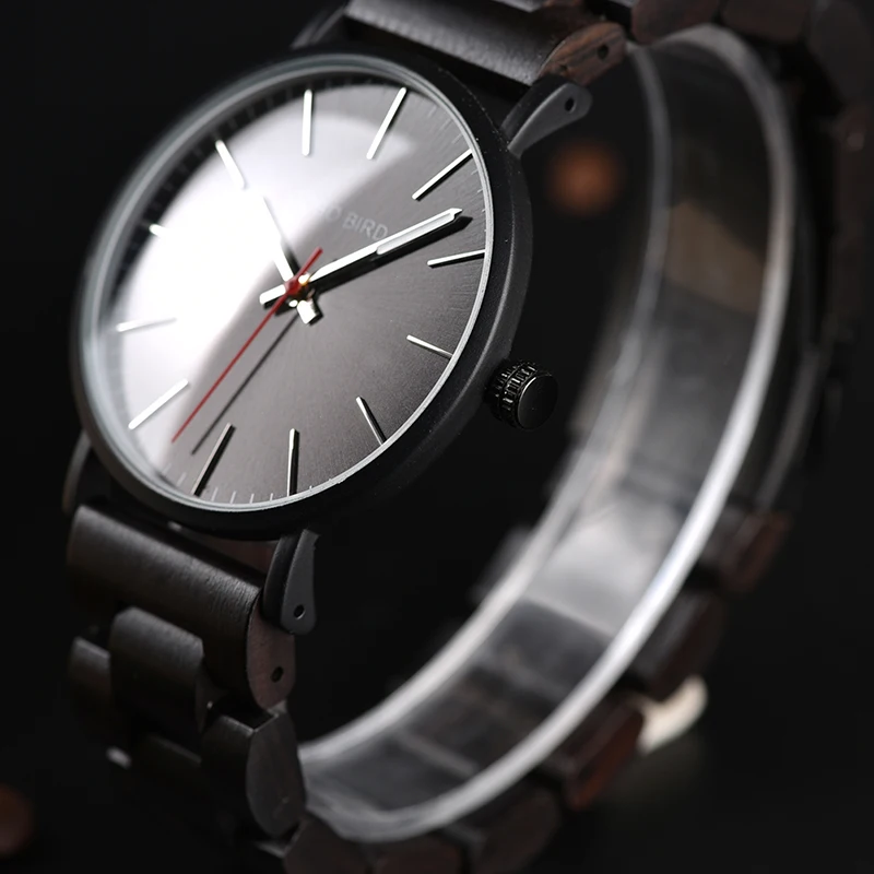 BOBO BIRD Ultra Thin Stainless Steel Watches for Men Black Quartz Wooden Watch in Gift Box relojes para hombre