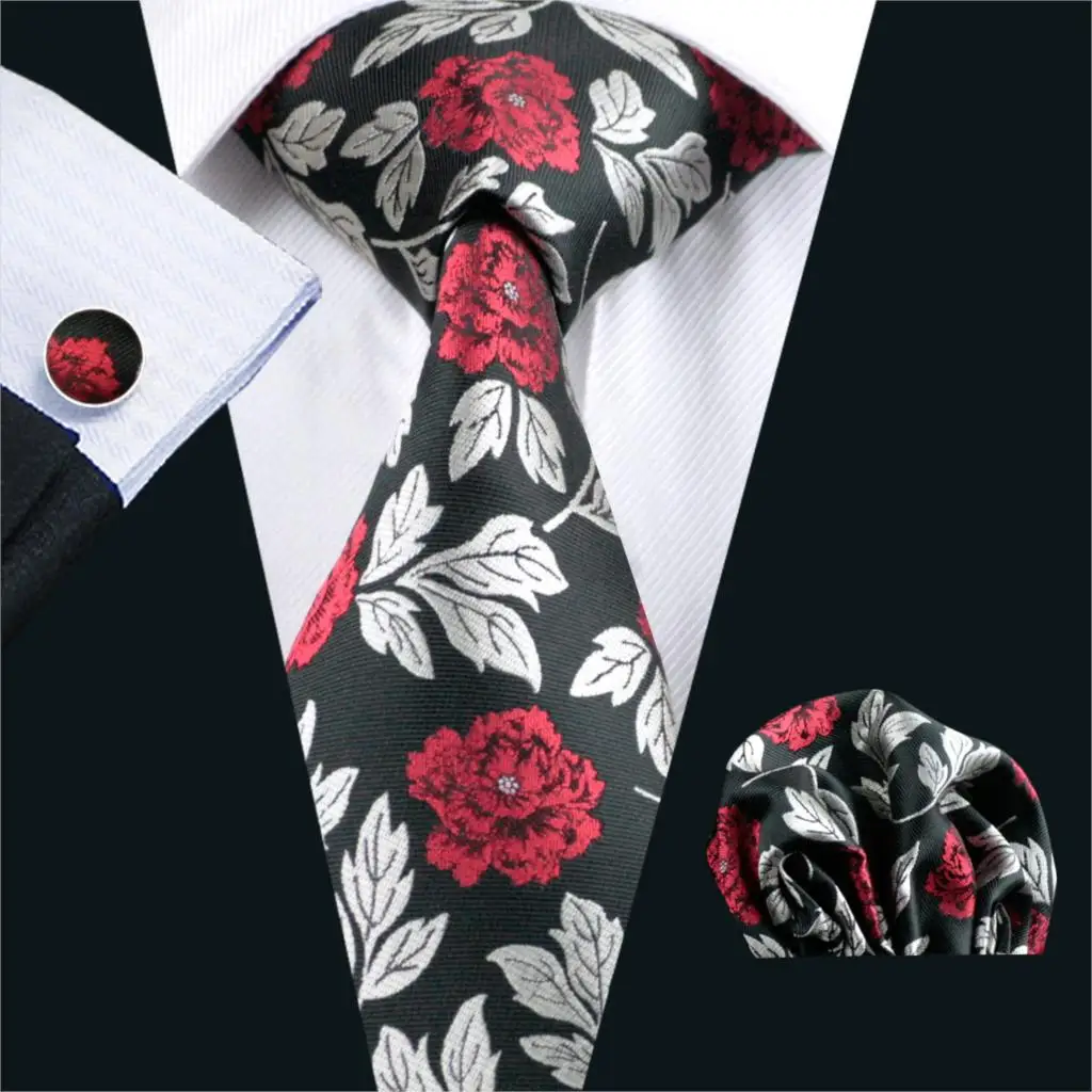 Fa-348 мужские галстук черный цветочный 100% шелк жаккард галстук Ханки Запонки Комплект Бизнес Свадебная вечеринка Галстуки для Для мужчин;
