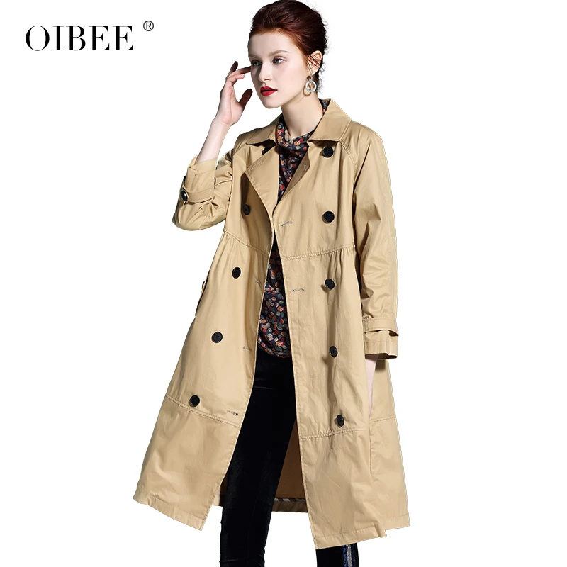 

OIBEE2019 spring women's long double-breasted suit collar long-sleeved windbreaker jacket