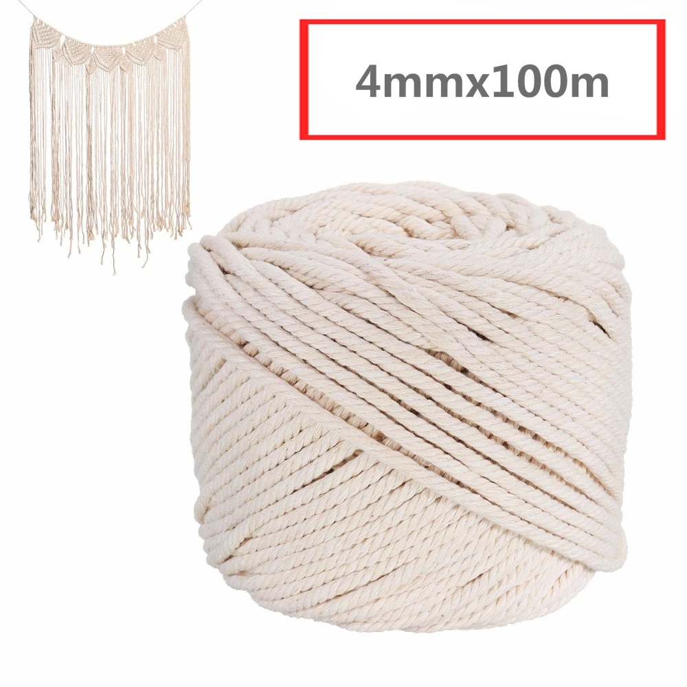 通販 新しい耐久性のあるナチュラルベージュホワイトマクラメ綿撚りコードロープストリングdiyガーデン庭ホームテキスタイルアクセサリークラフト4ミリメートルx 100メートル
