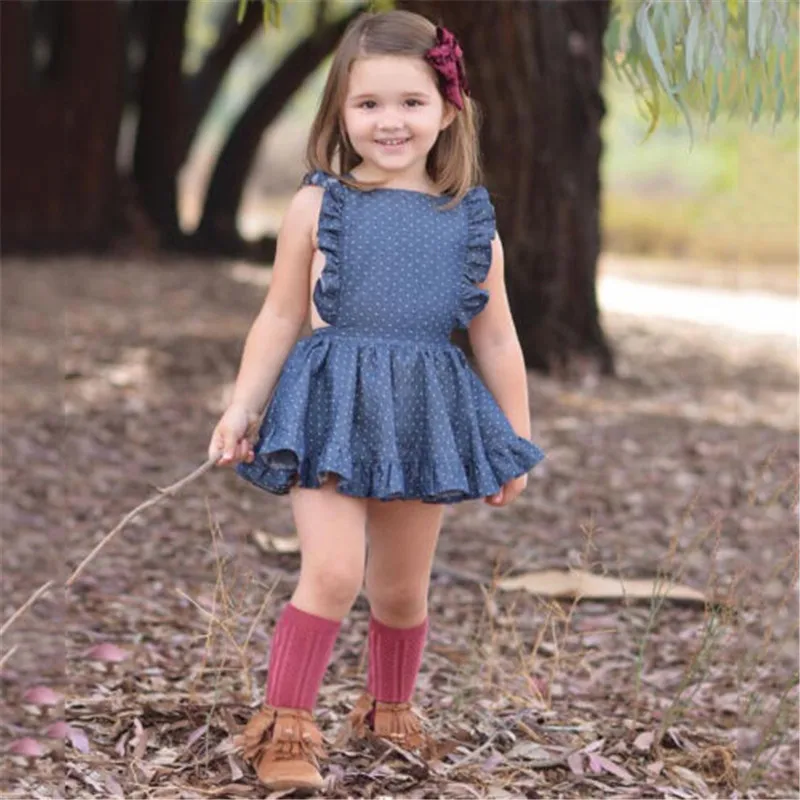 

Blue Polka Dot Dress For 1-6T Baby Girls Summer 2019 Sleeveless Ruffles Square Collar Dresses Retro Toddler Kids Vestido Outwear