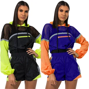 

Hot Sale Colorful Patchwork Women Casual Summer Full Sleeve Sport Outfits Women Top With Shorts Suits