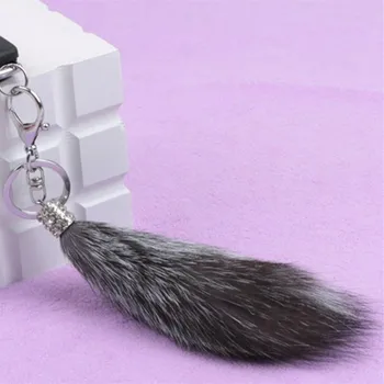 

Pretty Fox Fur Like Tail Keychain Bling Pom Pom Rex 18 -20cm Key Chain Bag Charm Phone Car Hanging Ornament Key Holder Gift