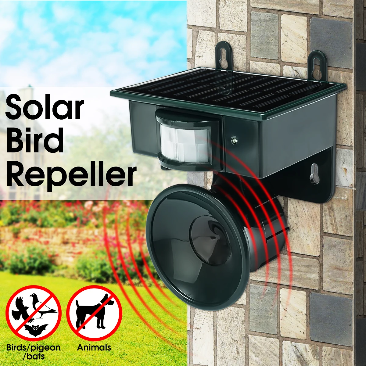

Outdoor Garden Repellent Solar Powered Ultrasonic Pest Bird Cat Dog Mouse Rat Repeller PIR Sensor Keep Animals Away