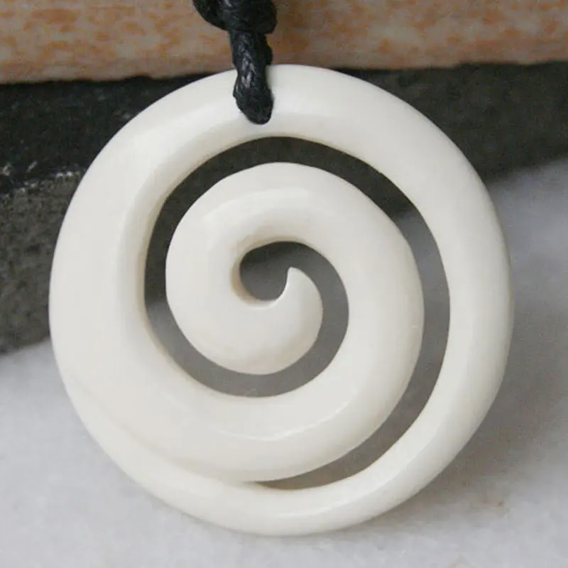 New Zealand Maori Handmade Carved Ox Bone "KURO" Pendant Necklace