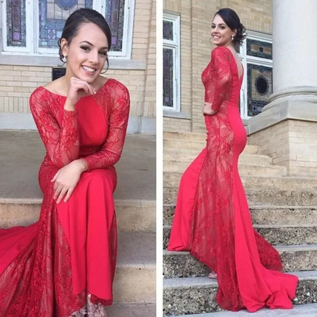 

Abendkleider 2016 Red Long Sleeve Lace Mermaid Long Evening Dresses Plus Size Backless Prom Gowns Party Dress Vestido de noche