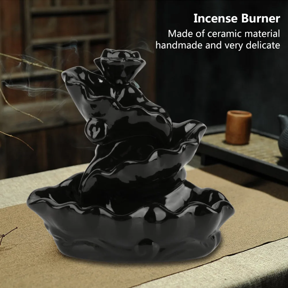 Black Porcelain Backflow Ceramic Cone Incense Burner Holder Buddhist Cones Home