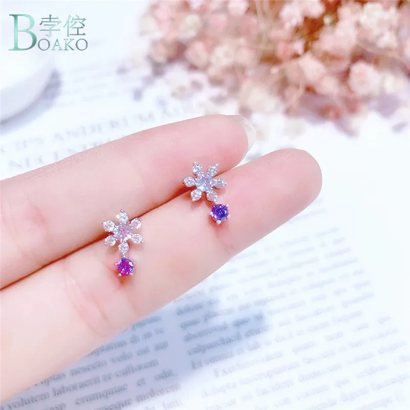 

BOAKO New Delicate Shiny Zircon Snowflake Stud Earrings For Women 925 Silver Crystal Boucle D'oreille Christmas Gift