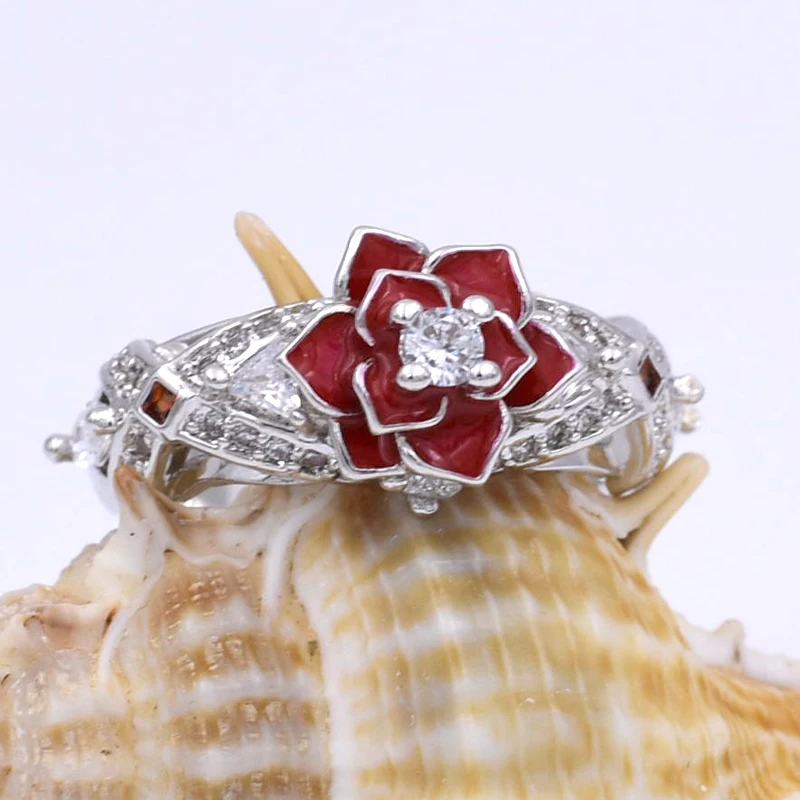 Floral Two Tone Promise Rose Women Ring with White and Red Zircon Fashion Charming Flower Wedding Rings Jewelry bague femme