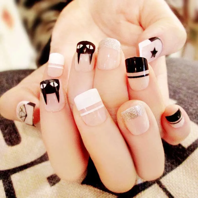 Девушки милый кот Печать поддельные ногти короткий размер Дизайн полное покрытие ногтей советы с клеем конфеты розовый черный цвет накладные ногти