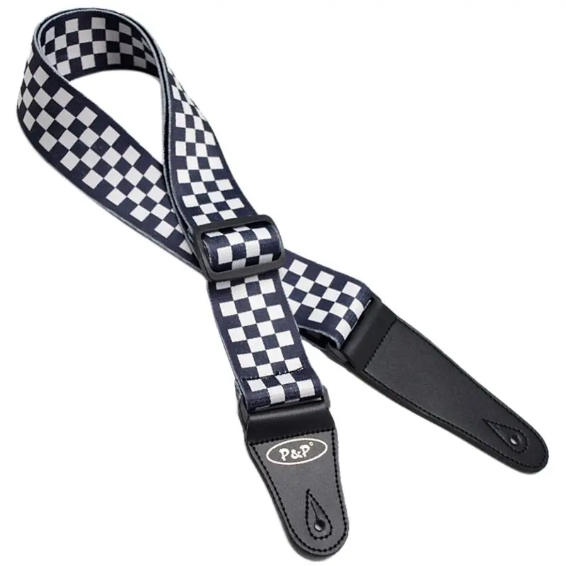 P&P Guitar Strap PU Leather Ends For Acoustic Folk Bass Black and white