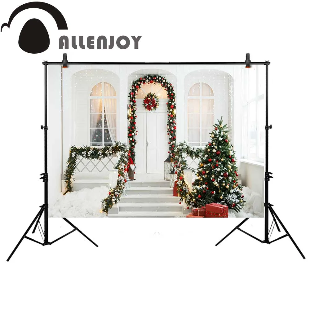 

Allenjoy Christmas photography backdrop tree new year white door window Background steps photobooth photocall photo studio