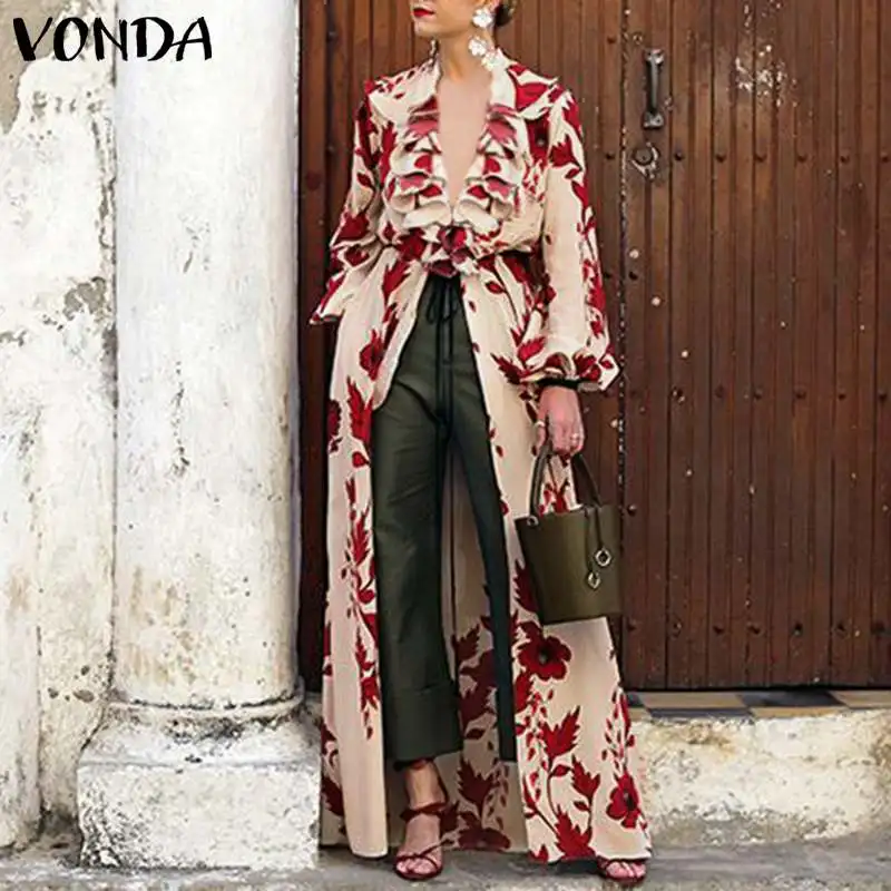 VONDA модные женские блузки с цветочным принтом сексуальные с v-образным вырезом и длинным рукавом повседневные свободные длинные рубашки с оборками винтажные Топы больших размеров