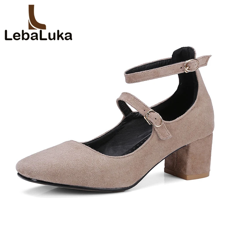 

LebaLuka size 32-48 sexy lady high heel shoes women ankel strap square toe solid color thick heels pumps vintage party club shoe
