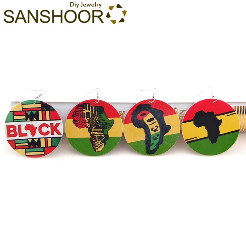 

SANSHOOR Mix African Colors Wooden Earrings Afrocentric Motherland Map Pattern Ethnic Bohemia Jewelry As Gift For Women 8Pairs