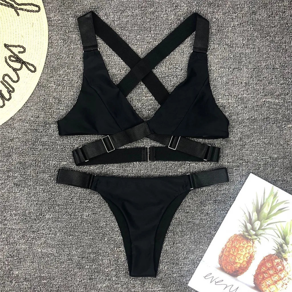 

Bikinis 2019 Mujer Swimsuit Criss Cross Bandage Bikini set Solid Push-Up Swimwear Women Thong Biquini Swimming Suit For Women