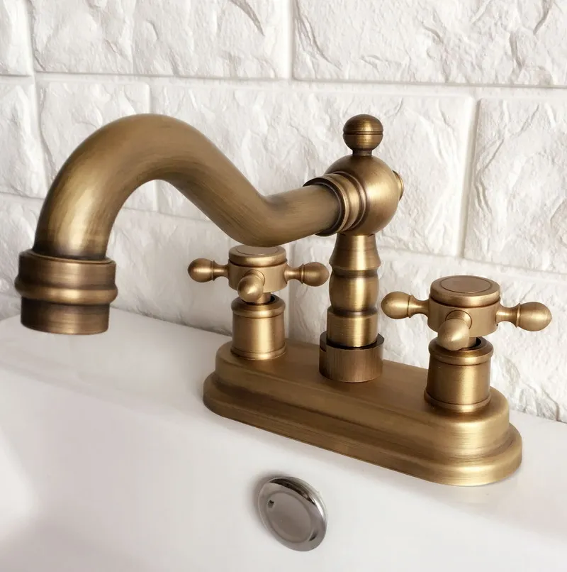 Antique Brass 4" Centerset Kitchen Bathroom Vessel Sink Two Holes Basin Swivel Faucet Dual Cross