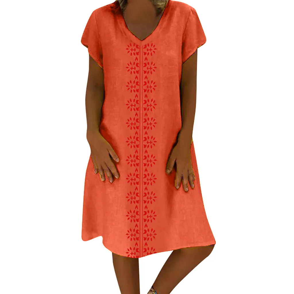 JAYCOSIN новое летнее женское платье размера плюс Стиль с v-образным вырезом с принтом из хлопка и льна с Повседневное размера плюс Пляжное платье 903211 - Цвет: Оранжевый
