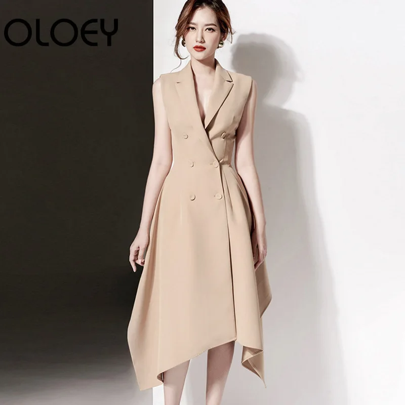 Tempérament Gilet J819 2018 Section breasted Asymétrie Vêtements oloey Femmes Sans Casual Sexy Longue Manteau Double Nouvelle Khaki Manches Mode TqYwxTSdpt