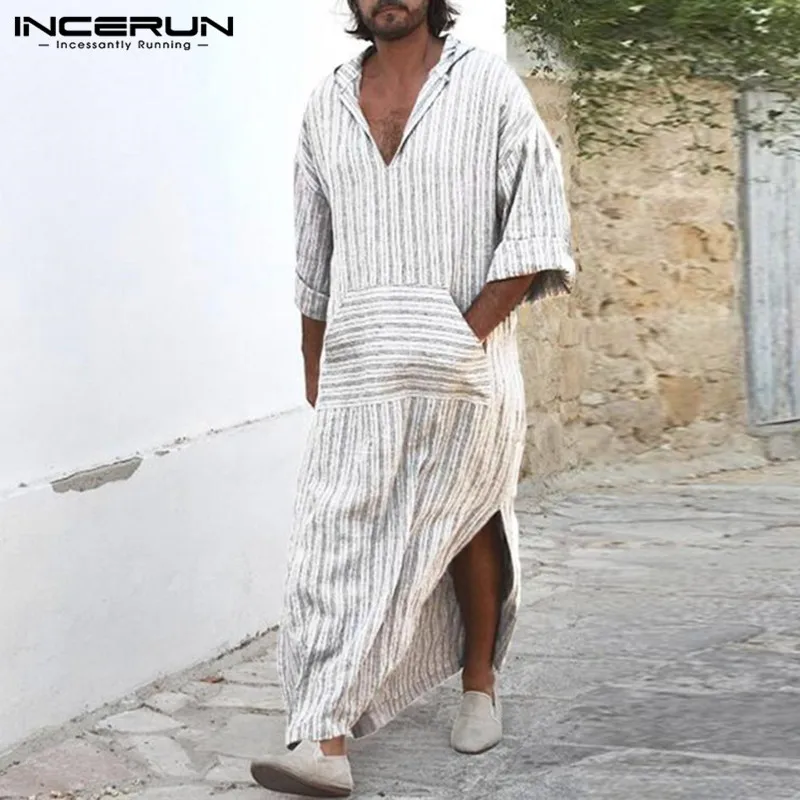 Arab Clothes Man Robe Kaftan Long Dress Full Length Robe White Stripe