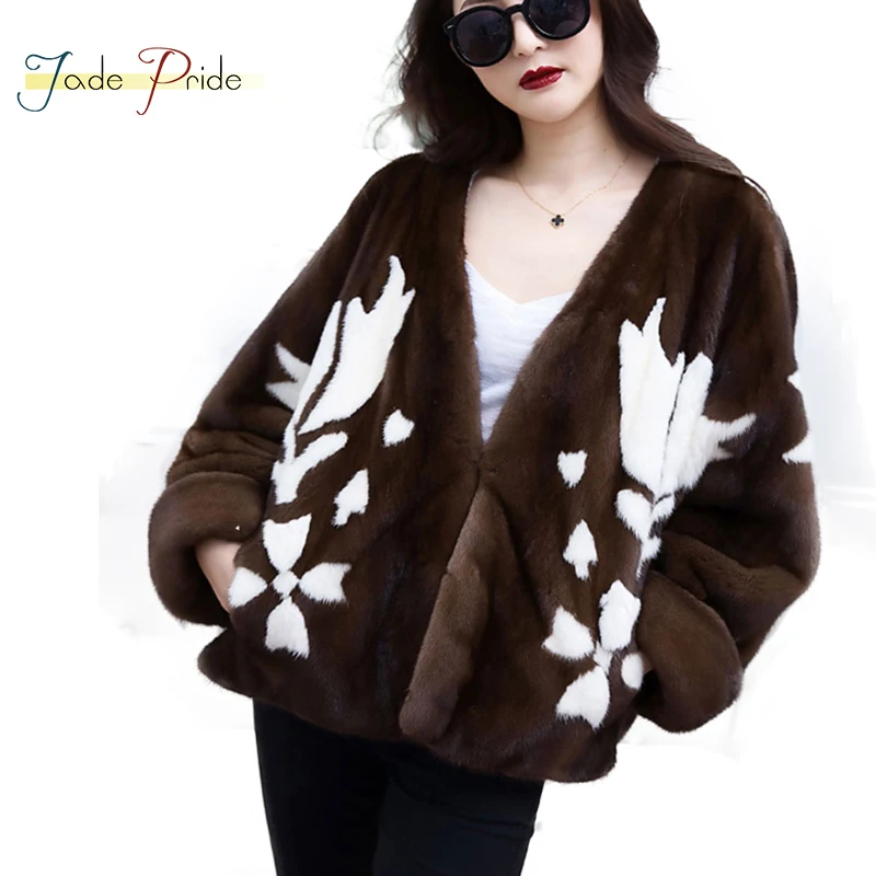 jade pride 2018 New Print V-Neck Short Velvet Mink Coat Thick Warm Winter Outwear Natural Color Full Sleeve Slim Fur Coats | Женская