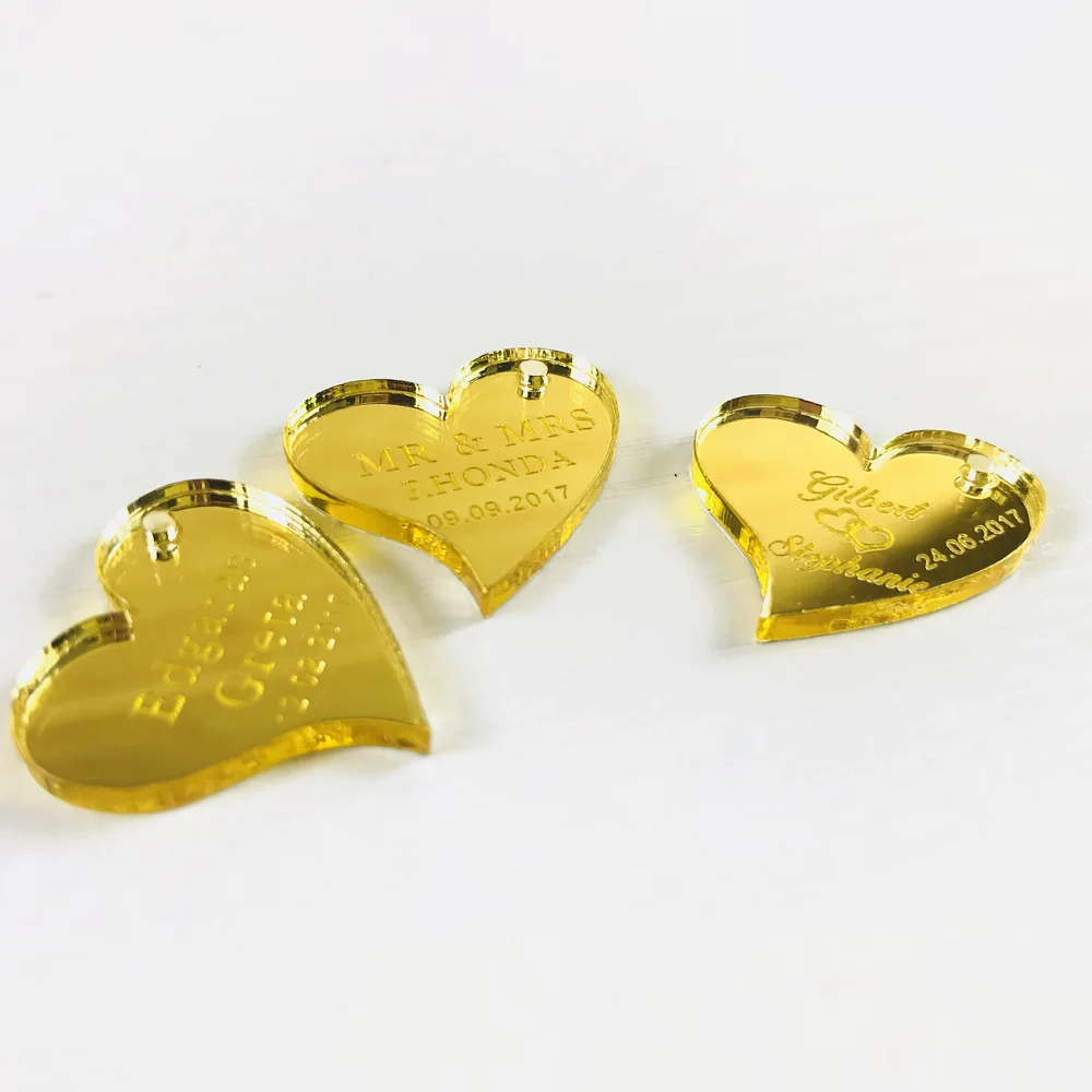 50 pieces Personalized Wedding Gold Mirror Heart Tag Party Favors gift Wedding Decor,Custom Wedding Table Decor  Souvenirs Tag